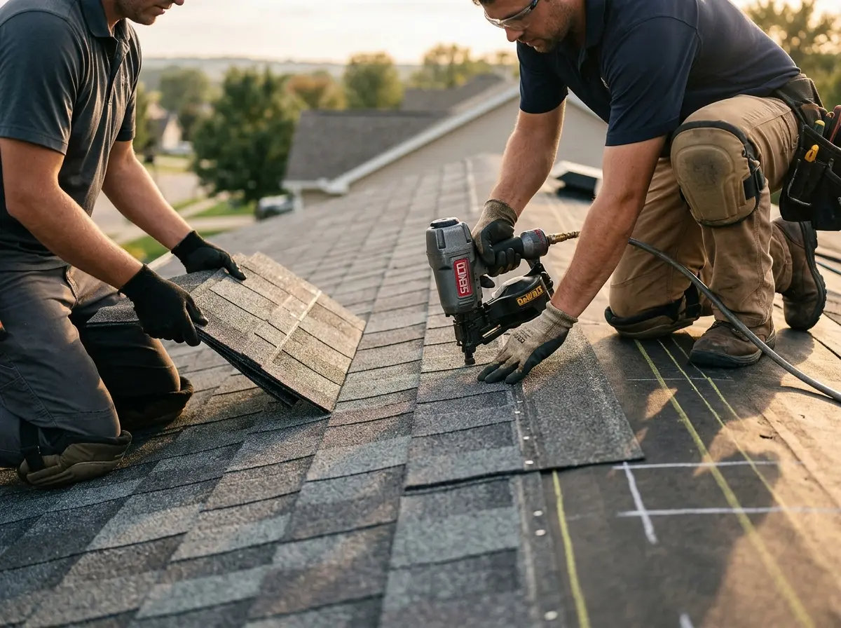 Professional roofer working on a residential roof in Milan